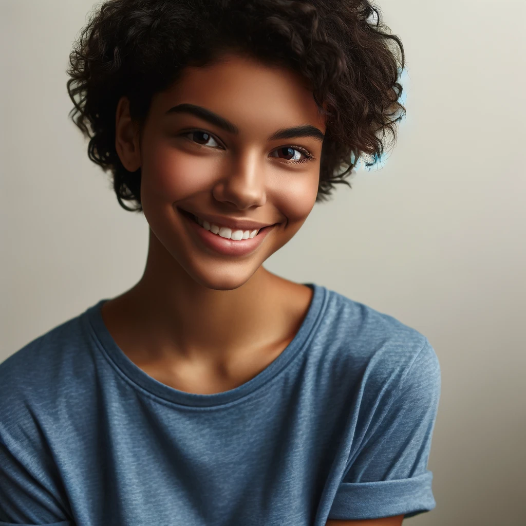 DALL·E 2024-04-25 09.53.45 - Portrait of a young African American woman in her early 20s, with short curly hair, wearing a casual blue t-shirt, smiling warmly. The image portrays 