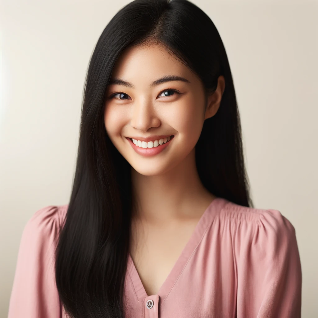 DALL·E 2024-04-25 09.54.22 - Portrait of an Asian woman in her late 20s, with long straight black hair, wearing a pink blouse, beaming with a bright smile. The image portrays her 