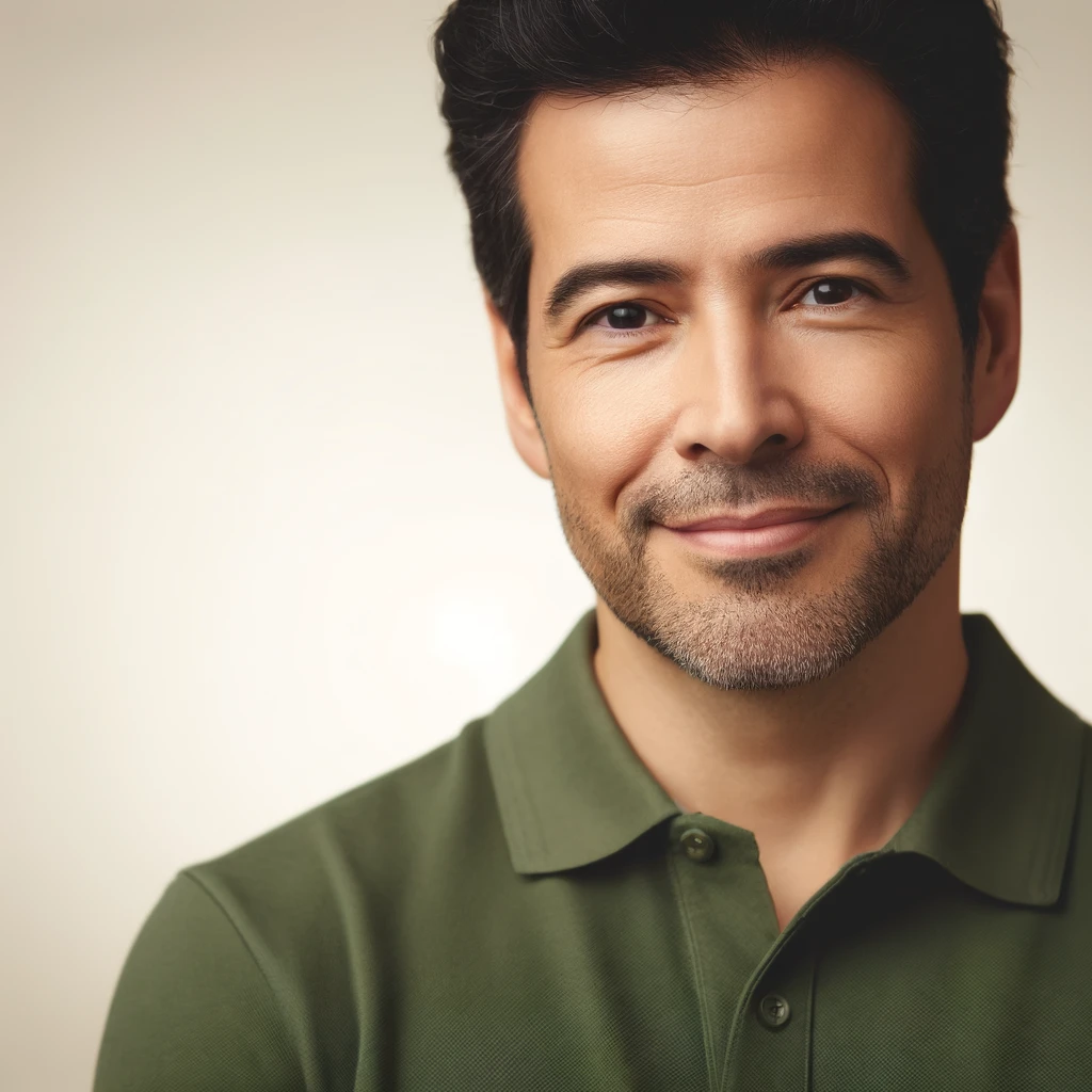 DALL·E 2024-04-25 09.54.24 - Portrait of a middle-aged Hispanic man in his 40s, with short black hair, wearing a green polo shirt, looking pleased and confident. The image portray